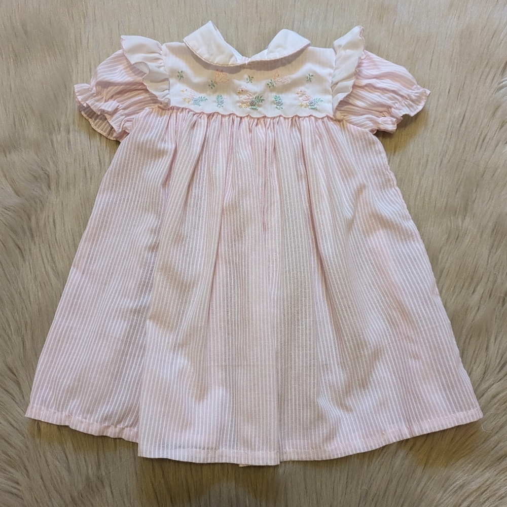 Vintage Baby Togs pink stripped dress with ruffles & baby chick embroidery 6-9M